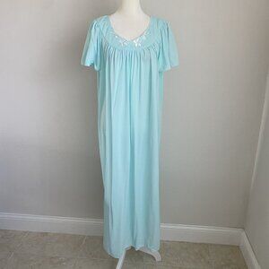Miss Elaine Classics Womens L Large Teal Embroidered Floral Night Gown Long